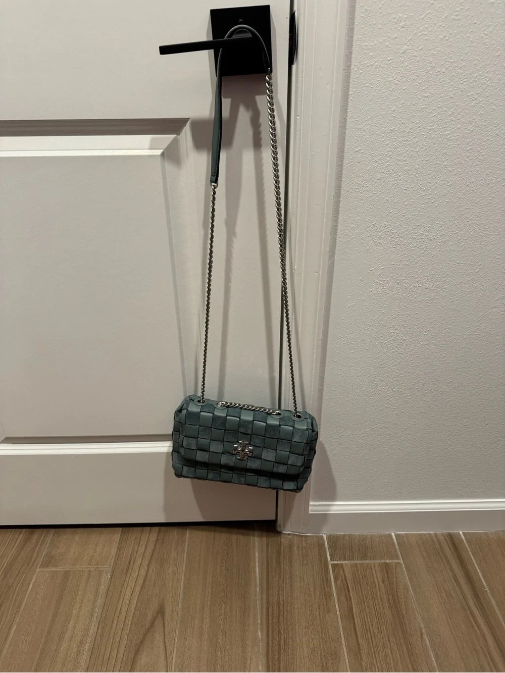 Tory Burch Woven Suede & Leather Crossbody in Sage Blue